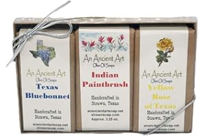 An Ancient Art’s Bar Soap Set of 3 Aprox. 3.25oz - All Natural Soap Handmade with Olive Oil, Palm Oil, and Coconut Oil (Texas Bluebonnet, Indian Paintbrush, Yellow Rose) - Gift Set (Texas Set)