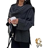 Women's Oversized Scarf Jacket，Wool Blend Long Sleeve Button Overcoats,Side Split Fall Winter Peacoat Shawl Wraps