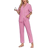 COLORFULLEAF Women's 100% Cotton Pajamas Set Button Down Sleepwear Short Sleeve Shirt and Long Pants Soft Ladies Lounge Sets