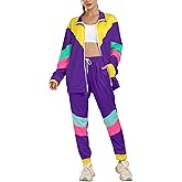 Wyeysyt 80s 90s Outfits for Women 2 Piece Color Block Retro Long Sleeve Jacket and Sweatpants Tracksuit Set
