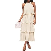 ZESICA Women's 2026 Summer Sleeveless Halter Neck Ruffle Tiered Layed Chiffon Flowy Swing Long Midi Dress