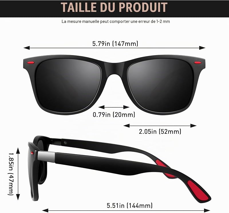 Lunettes de Soleil Homme Femme Polarisées Retro Classiques TR90 Léger Carrées Protection UV400 | Noir Mat Gris