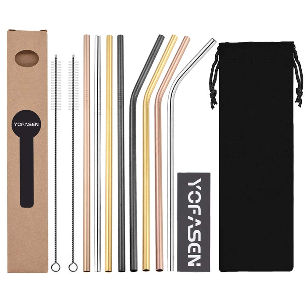 YOFASEN Reusable Straws Set - Metal Straws Multicolor Stainless Steel Straws 8.5 inch Drinking Straws for Cocktails Smoothies Hot Drinks, Style 4 - Set of 8