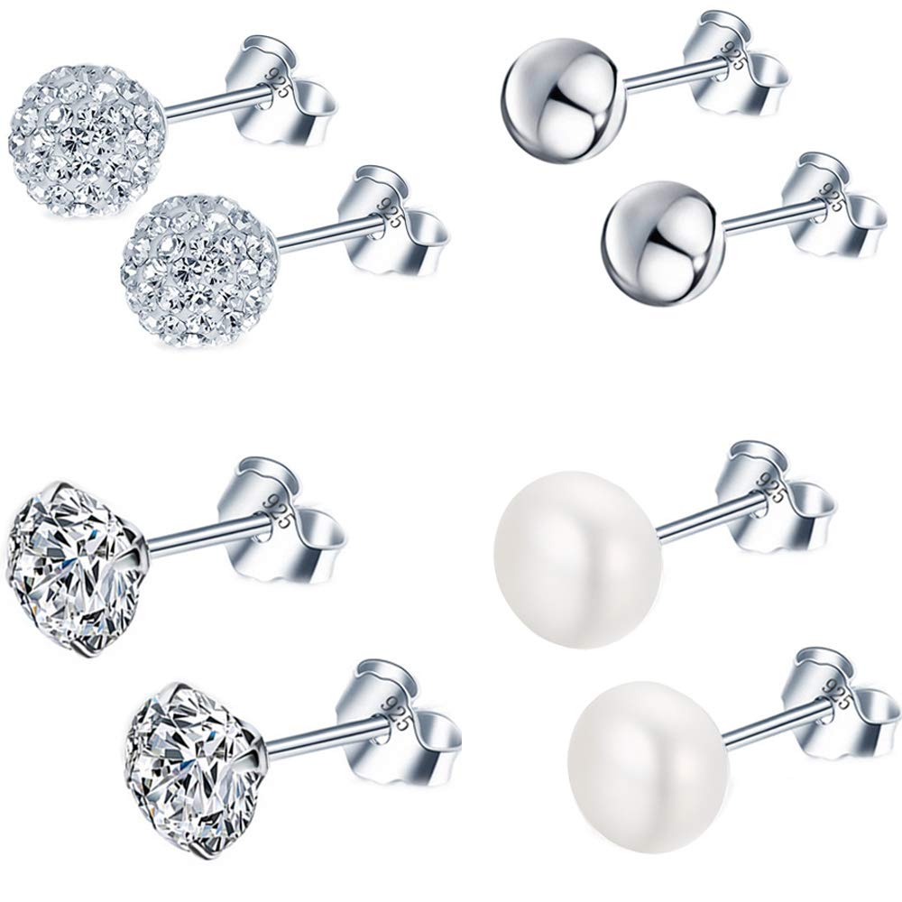 Epoch World 4 Pairs Silver Stud Earrings Set 925 Sterling Silver Earrings Pearl Earrings Ball Earrings Cubic Zirconia Silver Studs Earrings for Women Girls