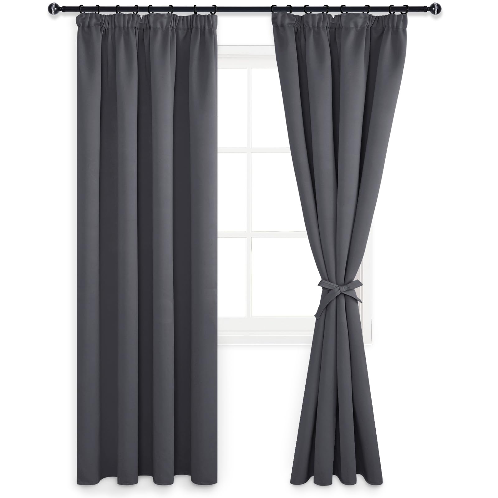 DWCN Dark Grey Curtains Blackout Curtains for Bedroom Thermal Insulated Curtain Pencil Pleat Window Curtain for Living Room with Tiebacks 46 x 90 inch Length, Dark Grey, 2 Panels