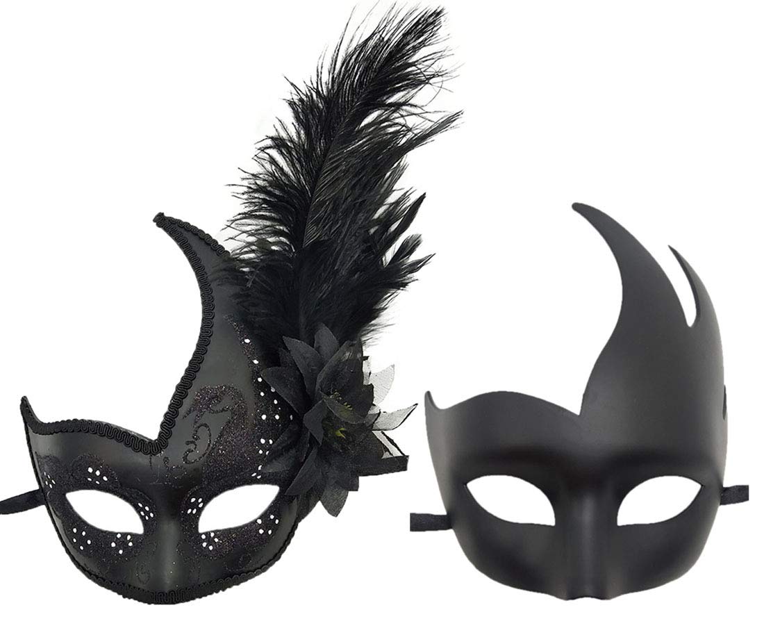 Coolwife Couple Feather Mask Masquerade Halloween Mardi Gras Cosplay Party Costume Masks (Couple Solid Black)