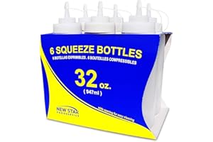 New Star Foodservice Squeeze Bottles, Plastic, Wide Mouth, 32 oz, Clear, Pack of 6
