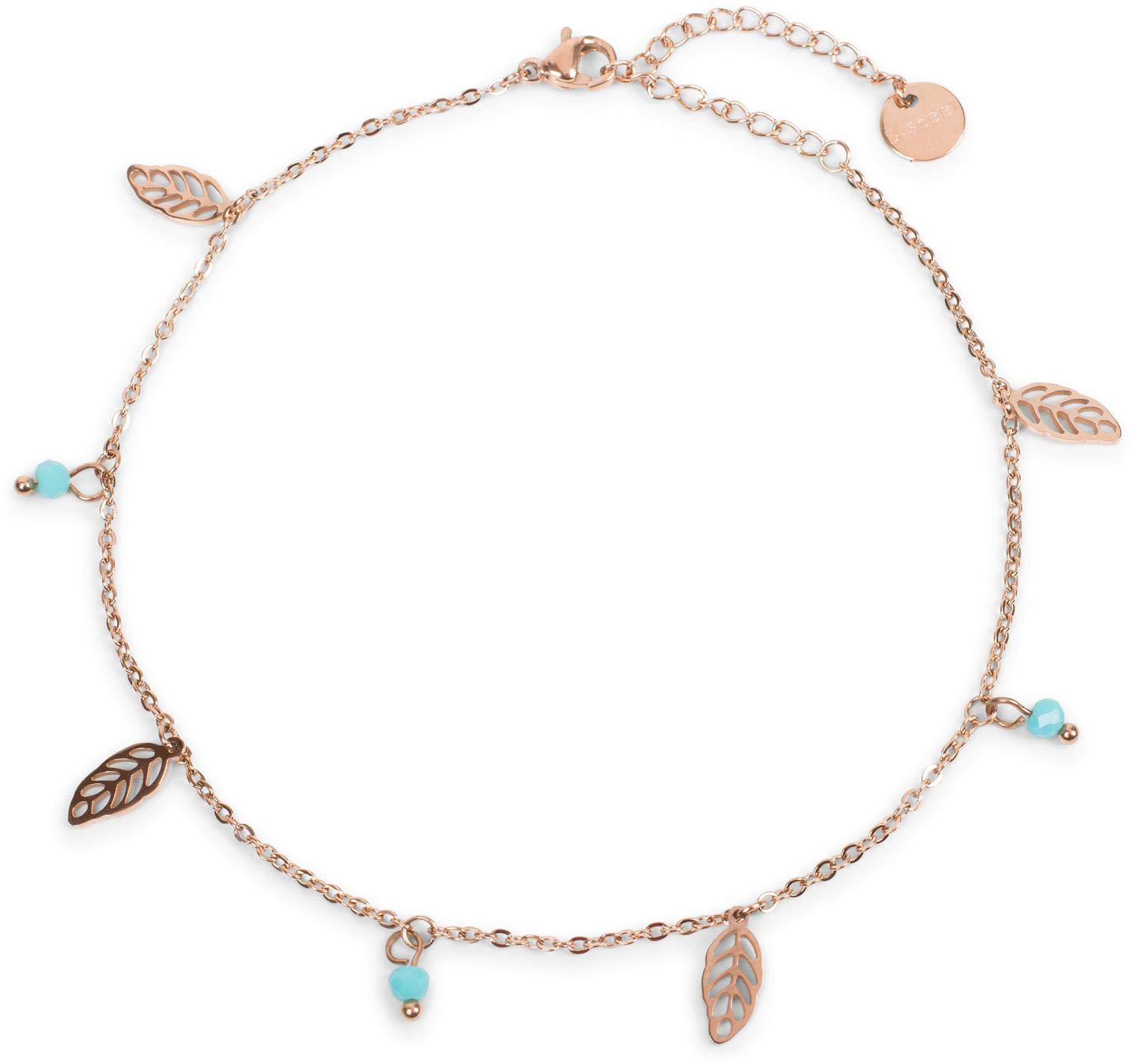 styleBREAKER women anklet with leaf pendant and beads, anchor chain, snap fastening, chain, jewellery 05080007, color:Rosegold-turquoise