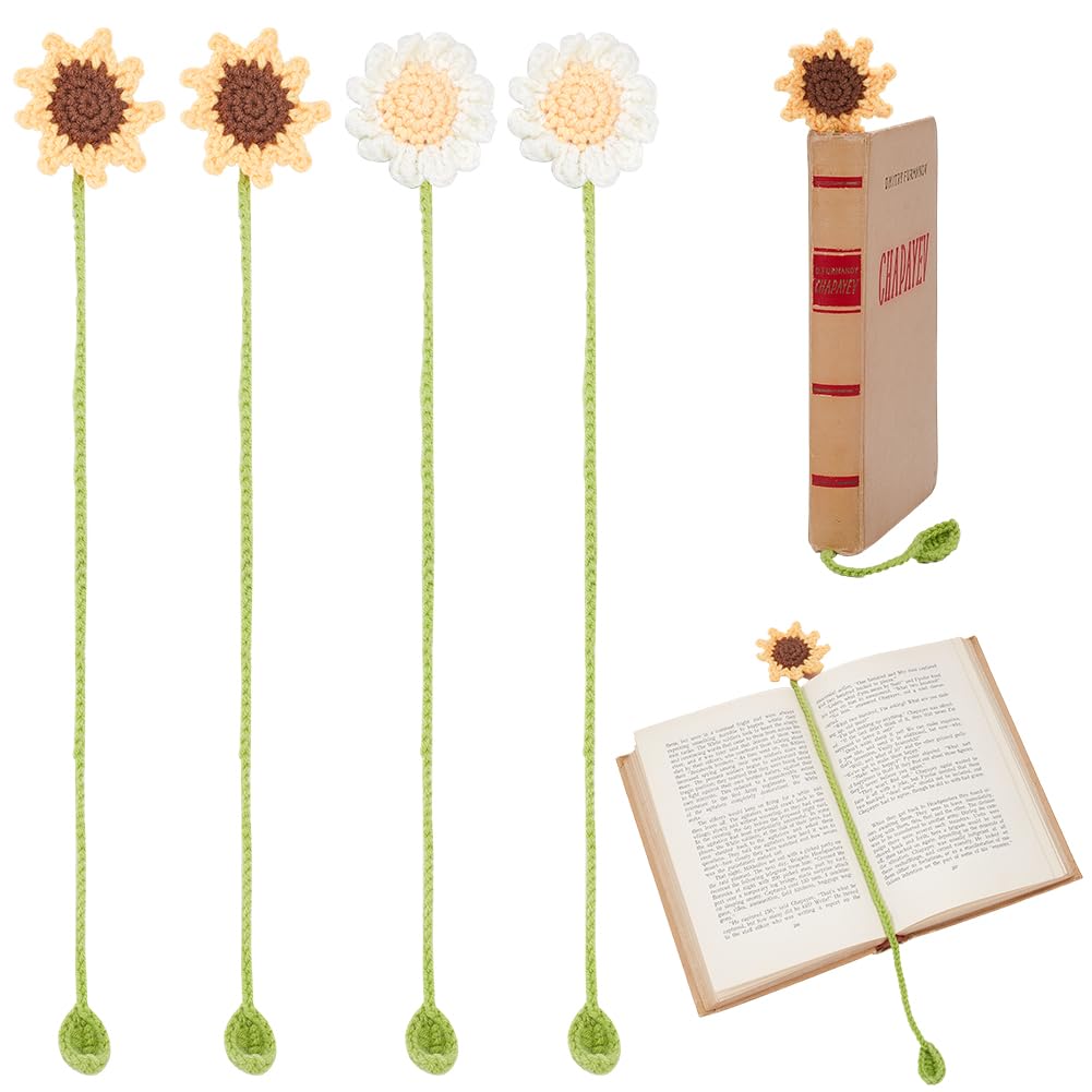 CRASPIRE 4Pcs 2 Styles Flowers Crochet Bookmark Sunflower Bookmark Floral Bookmarks Handmade Knitted Gifts Curtain Pendant Car Ornaments for Readers Book Lovers Writers
