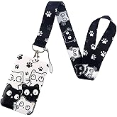BKBKAAK Cat Lanyards for Id Badges, Vertical Sliding Card Holder with Neck Lanyard, Cute Black Cat Lanyard with Keychain for Kids, Girls, Women
