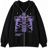 Aobiono Skeleton Zip Up Hoodie, Y2K Gothic Graphic Grunge Alt Jacket | Skeleton graphic, drawstring hood and zip-up design bring Y2K, gothic, grunge and alternative style to everyday outfits