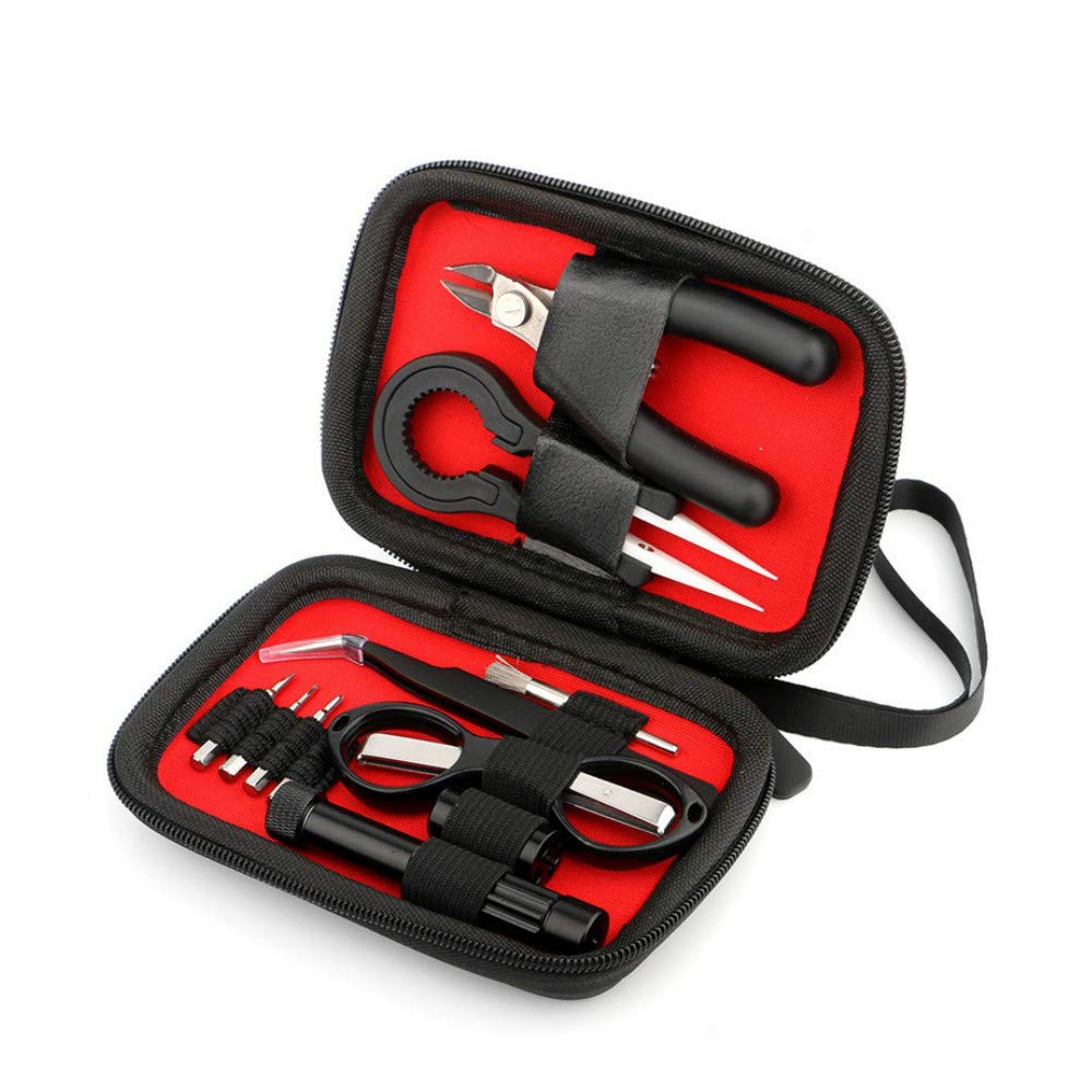 Sourcemall Coil Building DIY Tool Set 10 in 1 kit Ceramic Tweezers+Diagonal Stainless Steel Tweezers+Folding Scissor+ Coil Brush+Diagonal Plier+Multifunction Screwdriver with a Zipper Bag