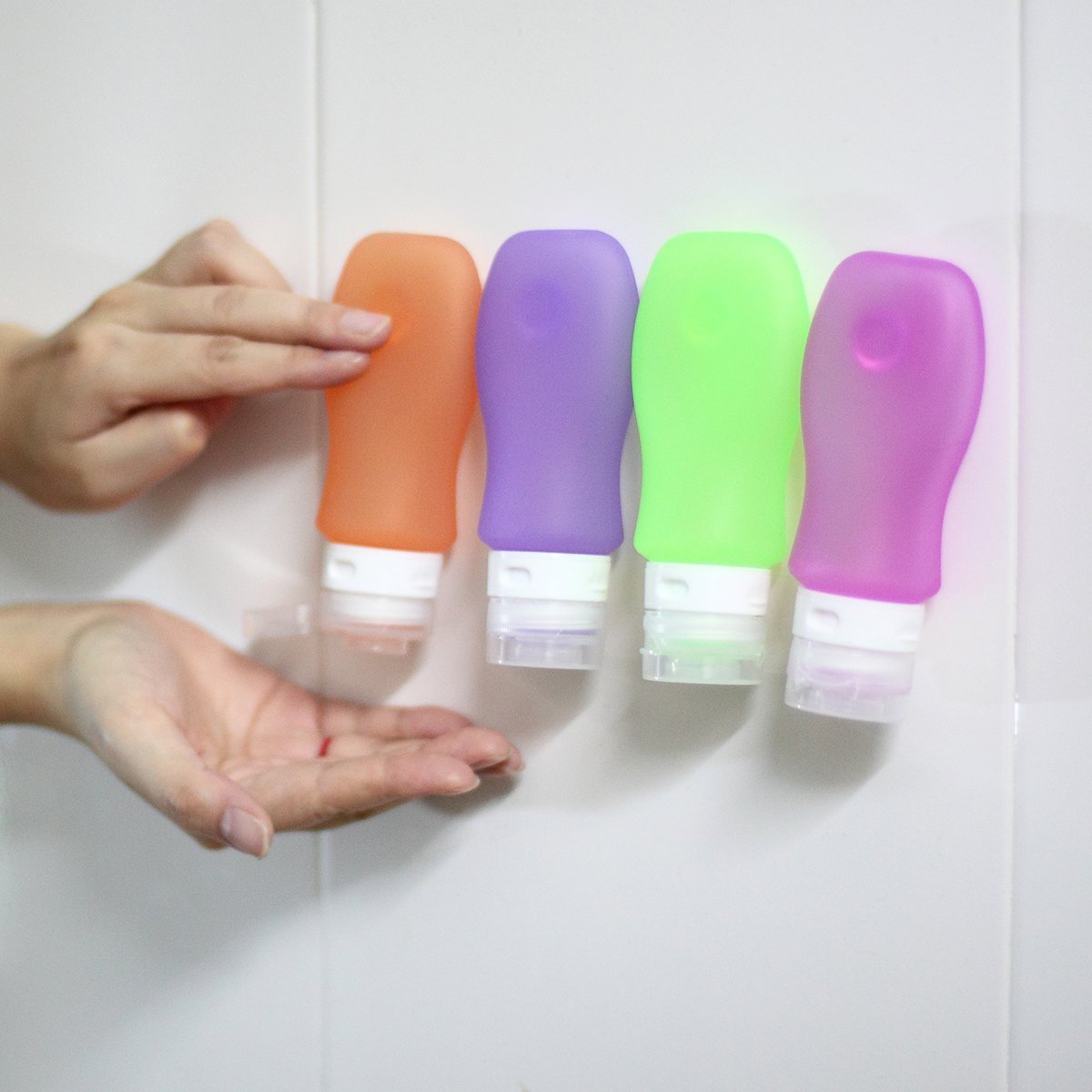 Kitdine Squeezable & Refillable Silicone Travel Bottles Containers - For Shampoo, Conditioner, Lotion, Toiletries - 4 Pack (3OZ, Pink + Orange + Green + Purple) by Kitdine