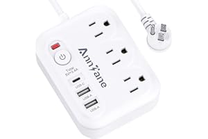 ANNTANE Power Strip Surge Protector with USB-C (3.0A), 5 ft Flat Extension Cord, Power Strip with 3 Outlets 3 USB Ports (5V/3.4A), Desktop Charging Station, Compact for Home,Travel,Office(White 1 Pack)