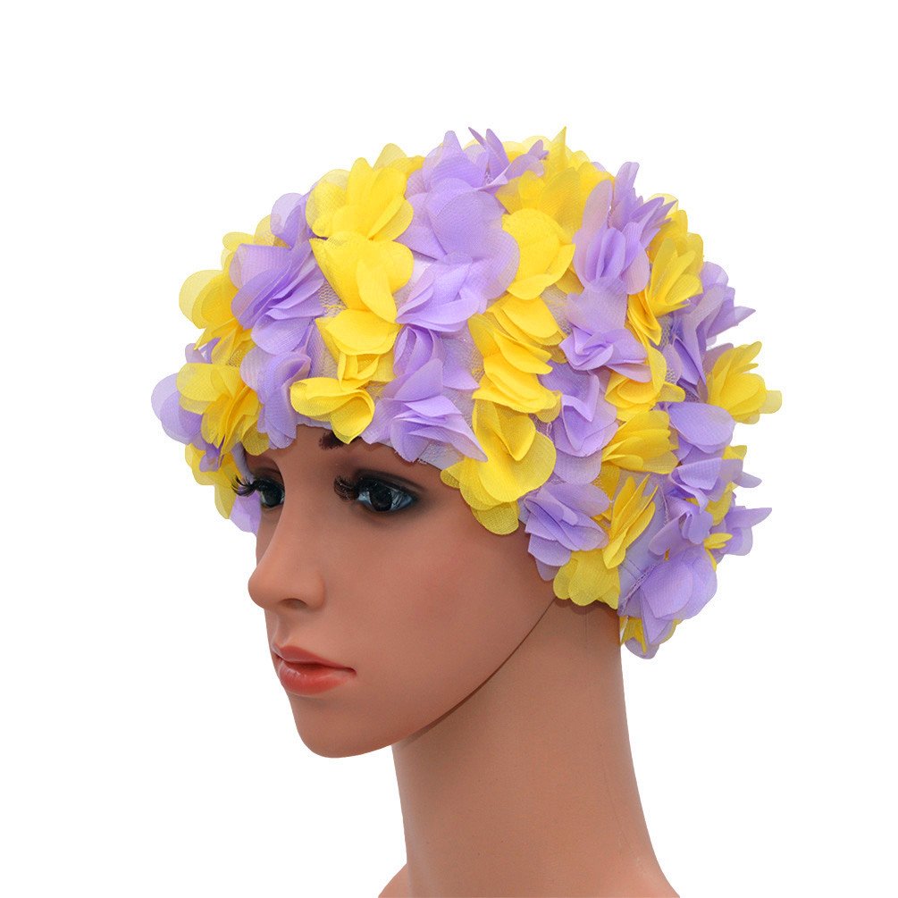 Medifier Lace Vintage Swim cap Floral Petal Retro Style Bathing Caps for Women Purple and Yellow