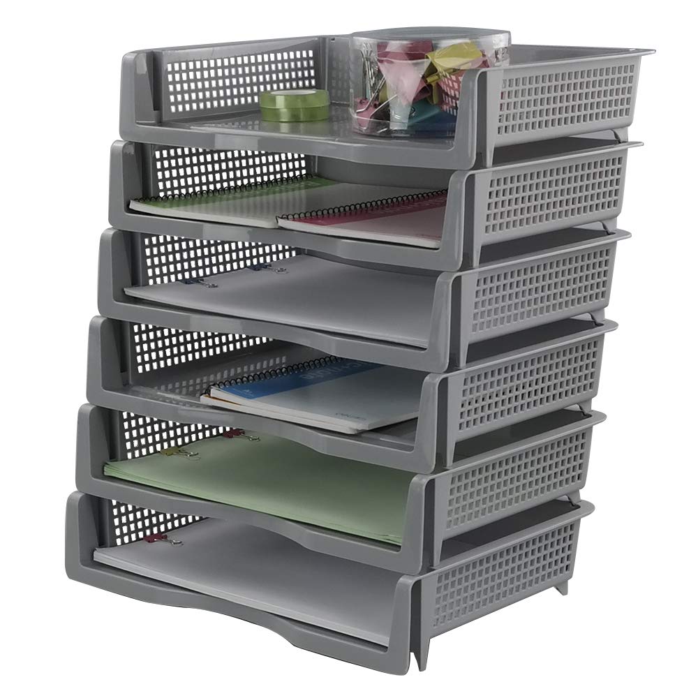 Tstorage Plastic A4 File Stackable Storage Trays, Gray Letter Tray, 6 Pack