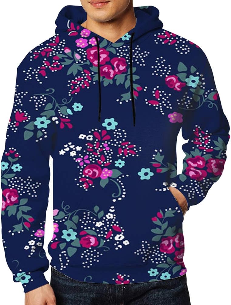 men rose print pocket front hoodie