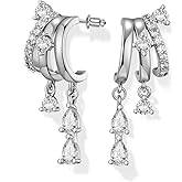 Hefanny Triple Huggie Stacked Earrings for Women Gold Chain Drop Dangle Earrings Cute Statement CZ Earrings Trendy Dainty Jewelry Gift