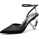 Coutgo Womens Kitten Heels Closed Pointed Toe Heart Heel Ankle Strap Satin Pumps Wedding Prom Dress Valentine Shoes