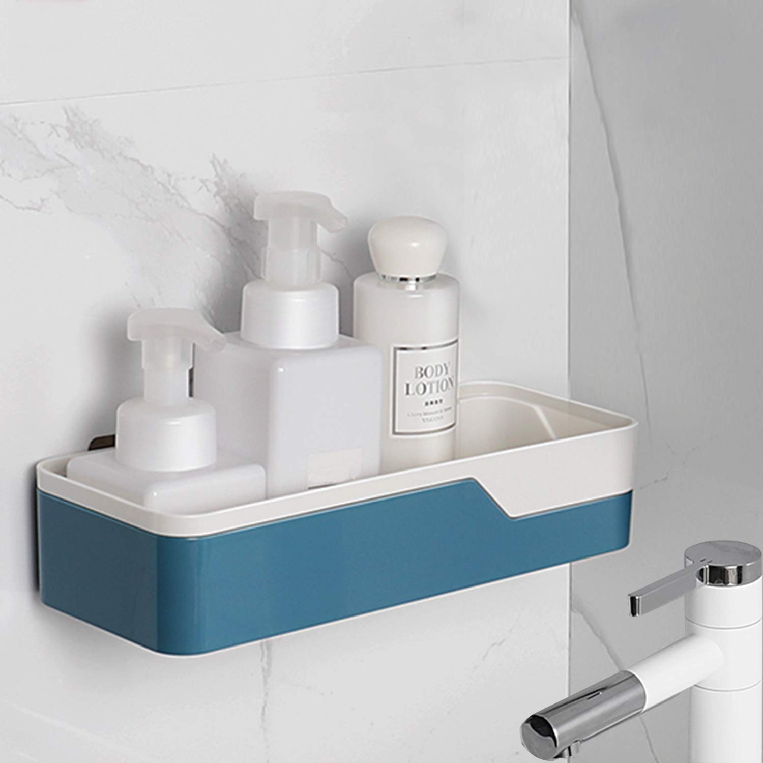 HOKIPO Magic Sticker Series Self Adhesive Plastic Bathroom Shelf Shower Caddy Standard, Blue