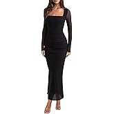 REORIA Long Sleeve Wedding Guest Maxi Dresses for Women Sheer Mesh Square Neck Ruched Bodycon Long Dress 2026 Spring Outfits