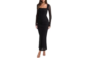 REORIA Long Sleeve Wedding Guest Maxi Dresses for Women Sheer Mesh Square Neck Ruched Bodycon Long Dress 2025 Fall Outfits