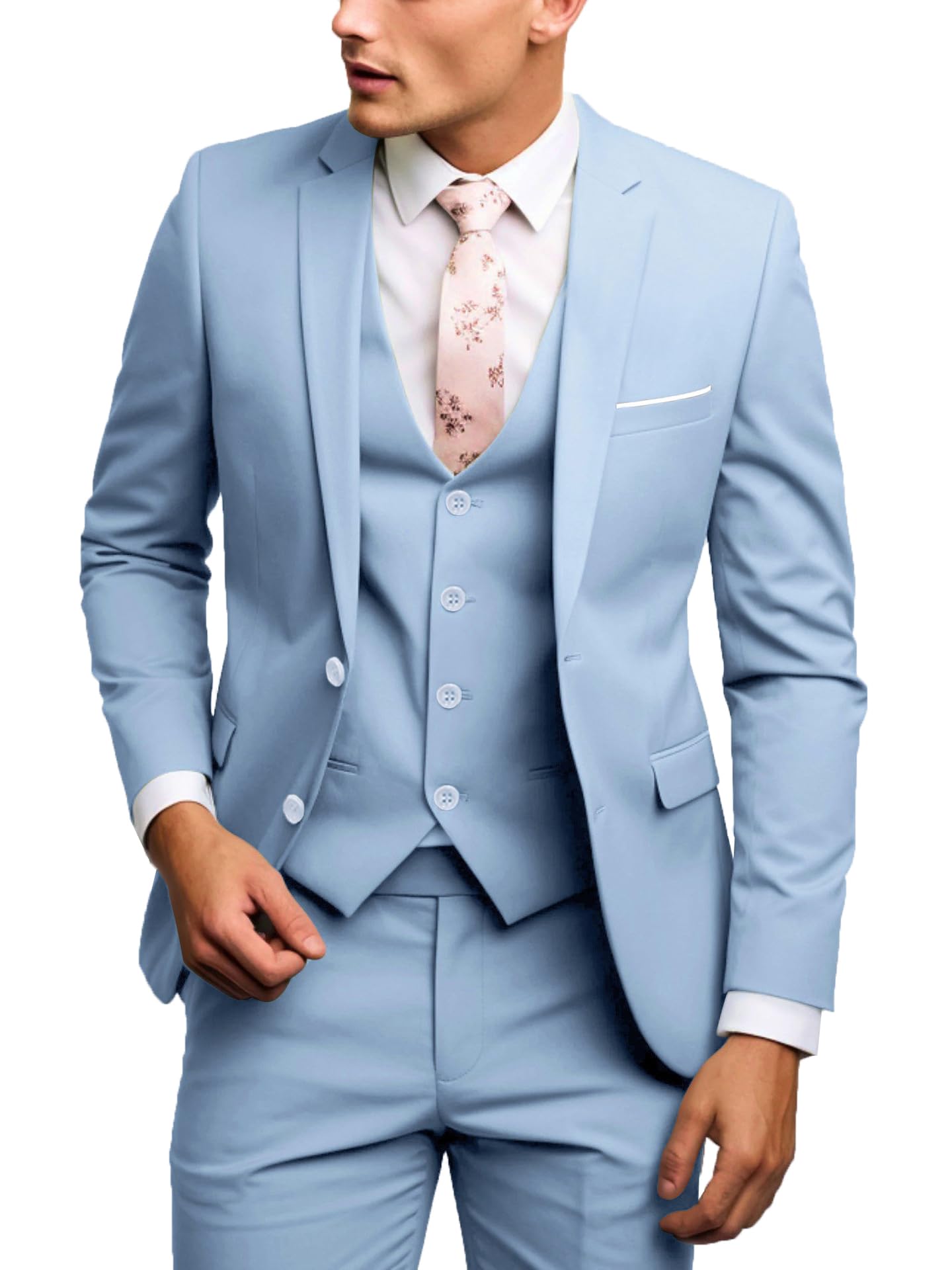 Photo 1 of UNINUKOO Men Suits Slim Fit Dress 3 Piece 2 Button Wedding Formal Business Tuxedo Suit Jacket Pants Vest Set US Size L Light Blue