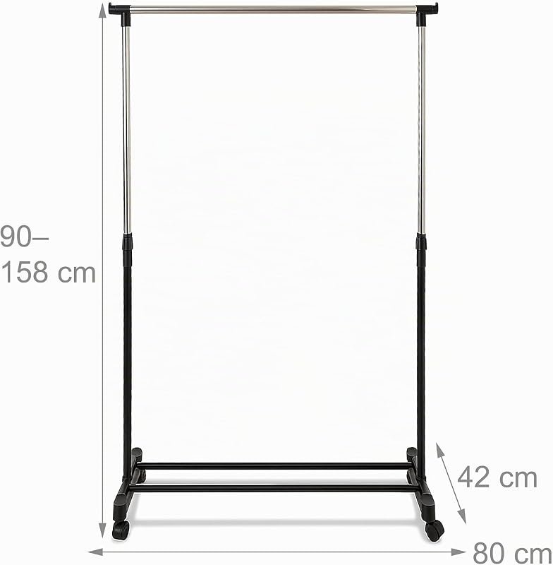 Kleiderständer, höhenverstellbar 90–158 cm, mit Rollen, Ablage, bis 15 kg, Garderobenständer, Silber/schwarz