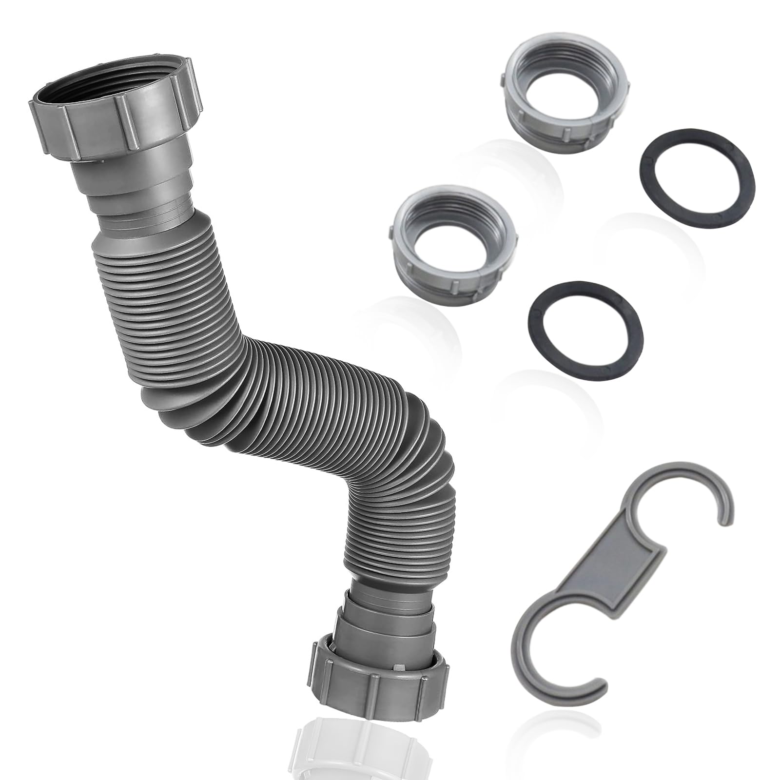 Flexible Waste Pipe, Universal Sink Drain Pipe Adjustable Drain Hose Swivel P Trap for Washing Machine Washer Dryer Dishwasher(45mm)