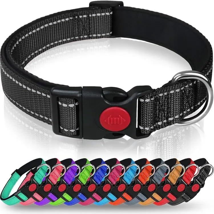 JESATA Reflective Dog Collar with Safety Locking Buckle | Adjustable Pet Collar with Soft Neoprene Padding | Durable & Comfortable Nylon Pet Collar for Puffy, Cats (M (35-47cm), Balck)
