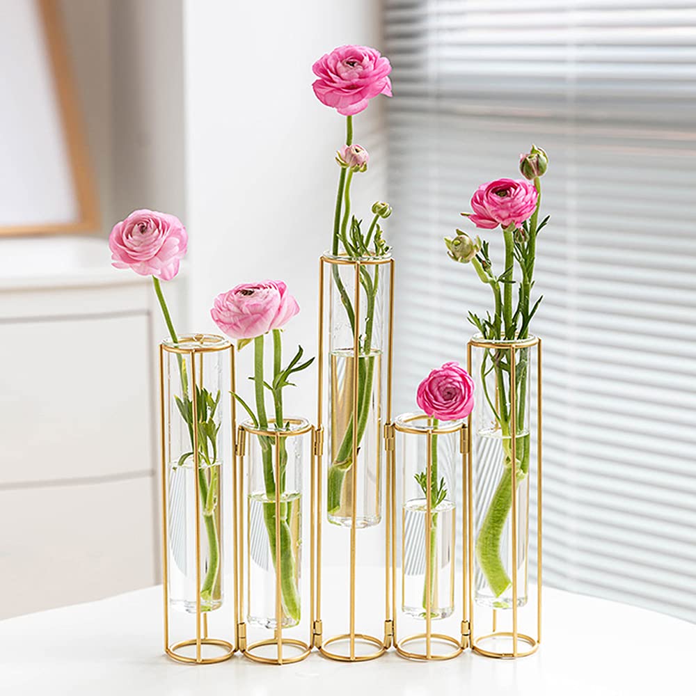Photo 1 of nother Bigsee Test Tube Vase for Flowers, Glass Vase with Metal Stand Racks Hydroponic Test TubeVase Set of 5, Gold Hinged Plant Vases Display Set Table Centerpieces Vase for Home Decor (Gold)