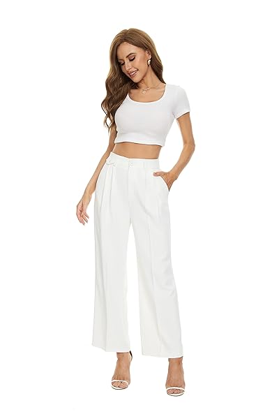 FUNYYZO WOMEN LOOSE PLEATED FRONT PANTS WIDE LEG CROPPED STRAIGHT TROUSERS WITH FAKE POCKET IN THE WAIST WHITE