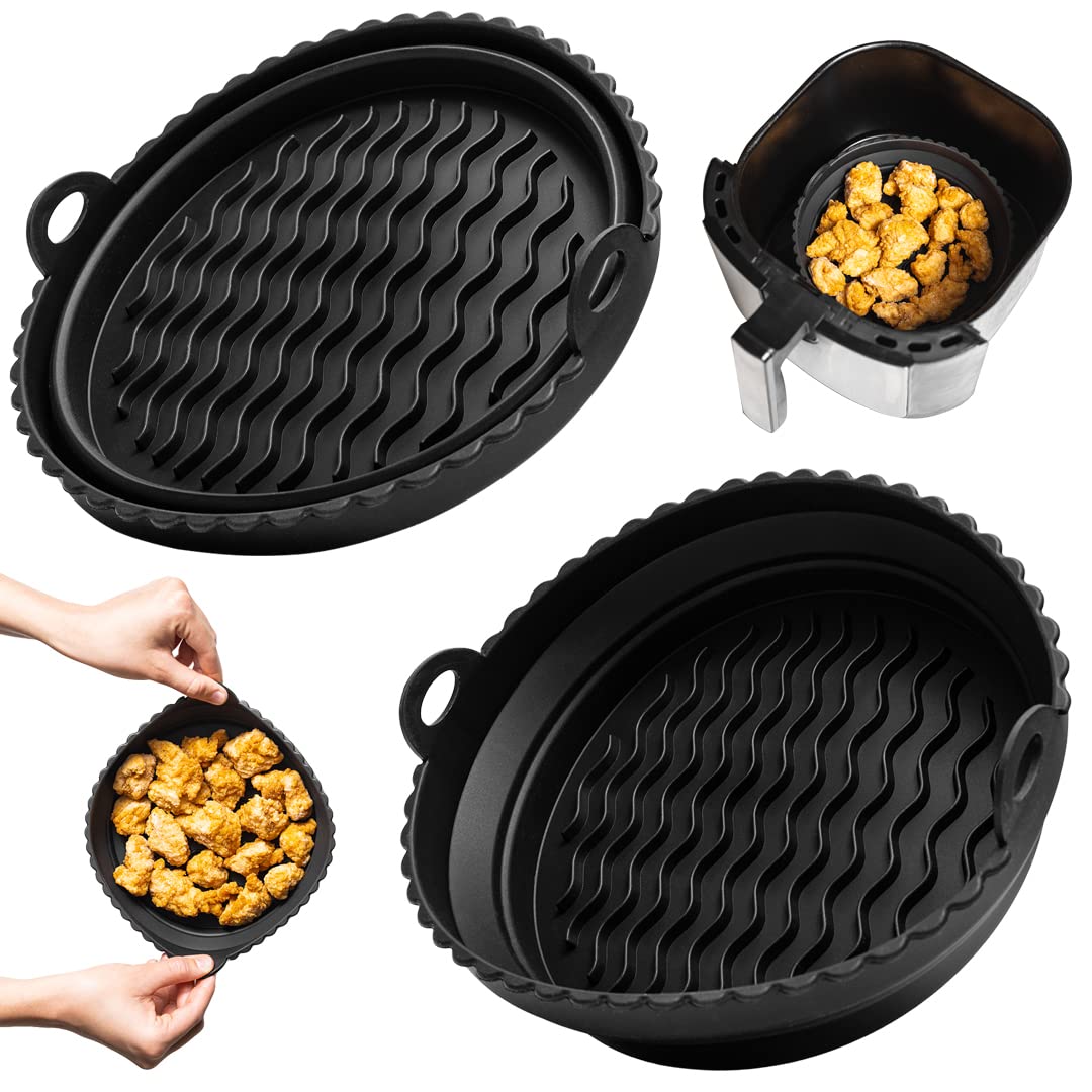 Photo 1 of 2 Pack Collapsible Silicone Air Fryer Liners (8" Black) - Durable, Food-grade & Reusable Air Fryer Liners for 3 to 5QT - Easy To Clean Air Fryer Silicone Liners By Samma