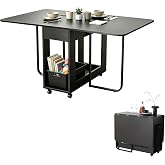 Folding Dining Table, 35.4"x 54.9" Expanded Drop Leaf Table for 4-6, Black | 300lb Capacity, 2 Drawers, Lockable Wheels, Space-Saving Folding Kitchen Table for Dining Room/Apartments/RV/Home Office/Room