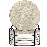 LIFVER Coasters for Coffee Table, Coasters for Drinks Absorbent, Drink Coasters, Housewarming Gift, Home Decor, Set of 6, Farmhouse Coaster Set with Holder, 4 Inches, Sandstone Style