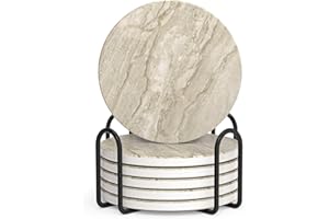 LIFVER Coasters Set of 6 Absorbent Drink Coasters with Holder, Marble Style Ceramic Thirstystone Coasters for Home Decor Coffee Table Protection, 4 Inches Suitable for Kinds of Cups Housewarming Gift