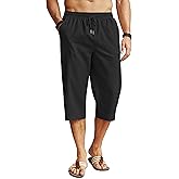 COOFANDY Men's Linen Capri Pants Casual Lightweight 3/4 Baggy Pants Drawstring Elastic Waist Beach Yoga Pants with Pockets