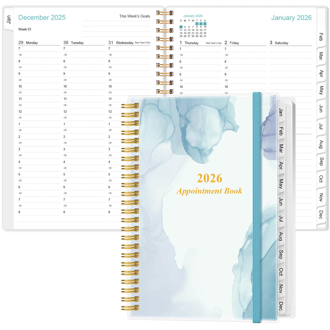 2024-2025 Appointment Book & Planner - 2024-2025 Daily Hourly Planner from July 2024 - June 2024, Weekly Appointment Book with 30-Minute Interval, Medium 6.4" x 8.5", Blue Watercol