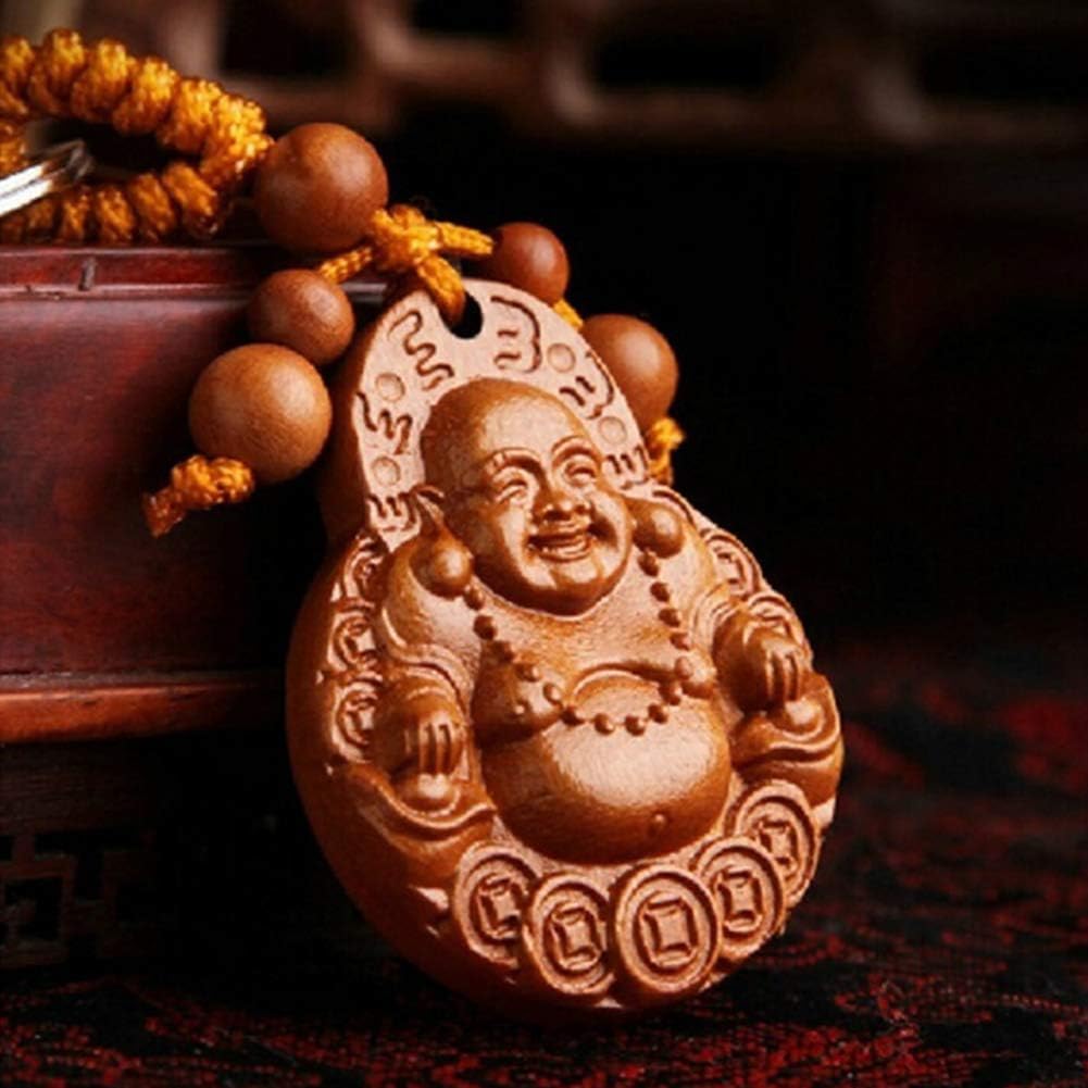 Profusion Circle Natural Peachwood Keychain Lucky Laughing Buddha Pendant Key Ring Ornament Gift - Brown