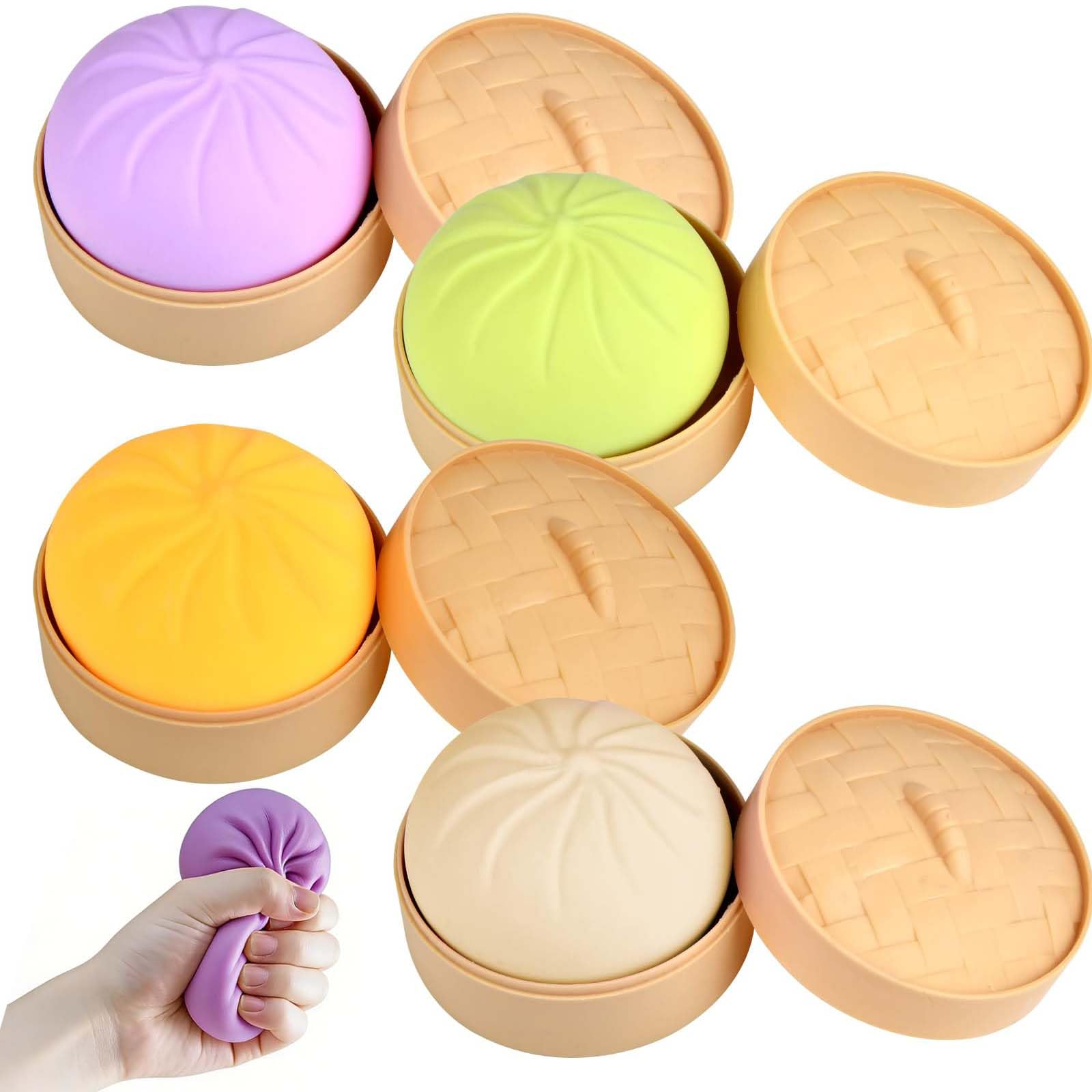 Giant Dumpling Squishy, 4Pcs Mystery Squishy Dumpling Toy with Food Steamer, Soft Slow Rising Balls Anxiety Relief Fidget Toys, Cute Steamer Bun Design Sensory Toy Easter Gift for Kids & Adults