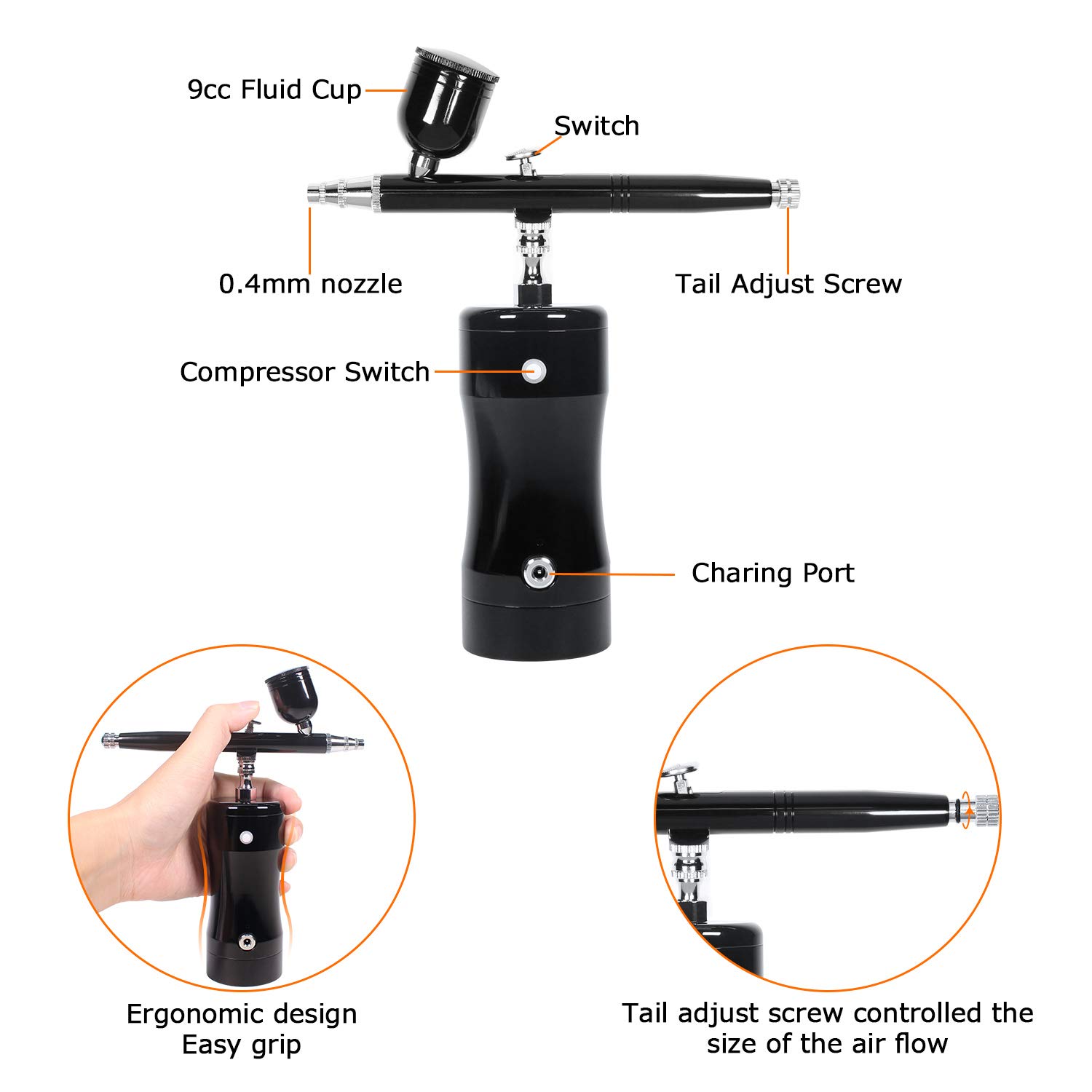 LATITOP Airbrush Kit Rechargeable Handheld Dual-Action Mini Air Compressor Airbrush Set with 0.4mm Nozzles, Portable Cordless Airbrush Gun with Low Noise for Makeup, Tattoo, Nail Art, Face Paint, Cake