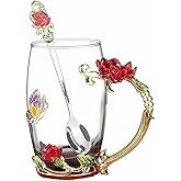 FDINF Tea Cup Gifts for Mom Women Mothers Day Glass Coffee Enamels Mug Birthday Butterfly Rose Gifts for Her Valentines Day Christmas Tea Cup with Spoon