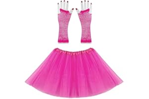 ASHONE Women 2Pcs Dance Skirts Tulle 5 Layered 80's Tutu with 1 Pair Fishnet Gloves Princess Ballet Dance Dress Party Favor Costume