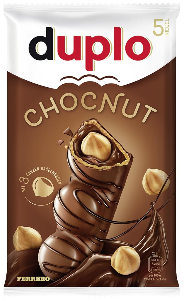Duplo Chocnut – Schokoriegel mit drei ganzen Haselnüssen, knuspriger Waffel & feiner Haselnusscreme – 1 Packung mit 5 einzeln verpackten Riegeln (5 x 26 g)