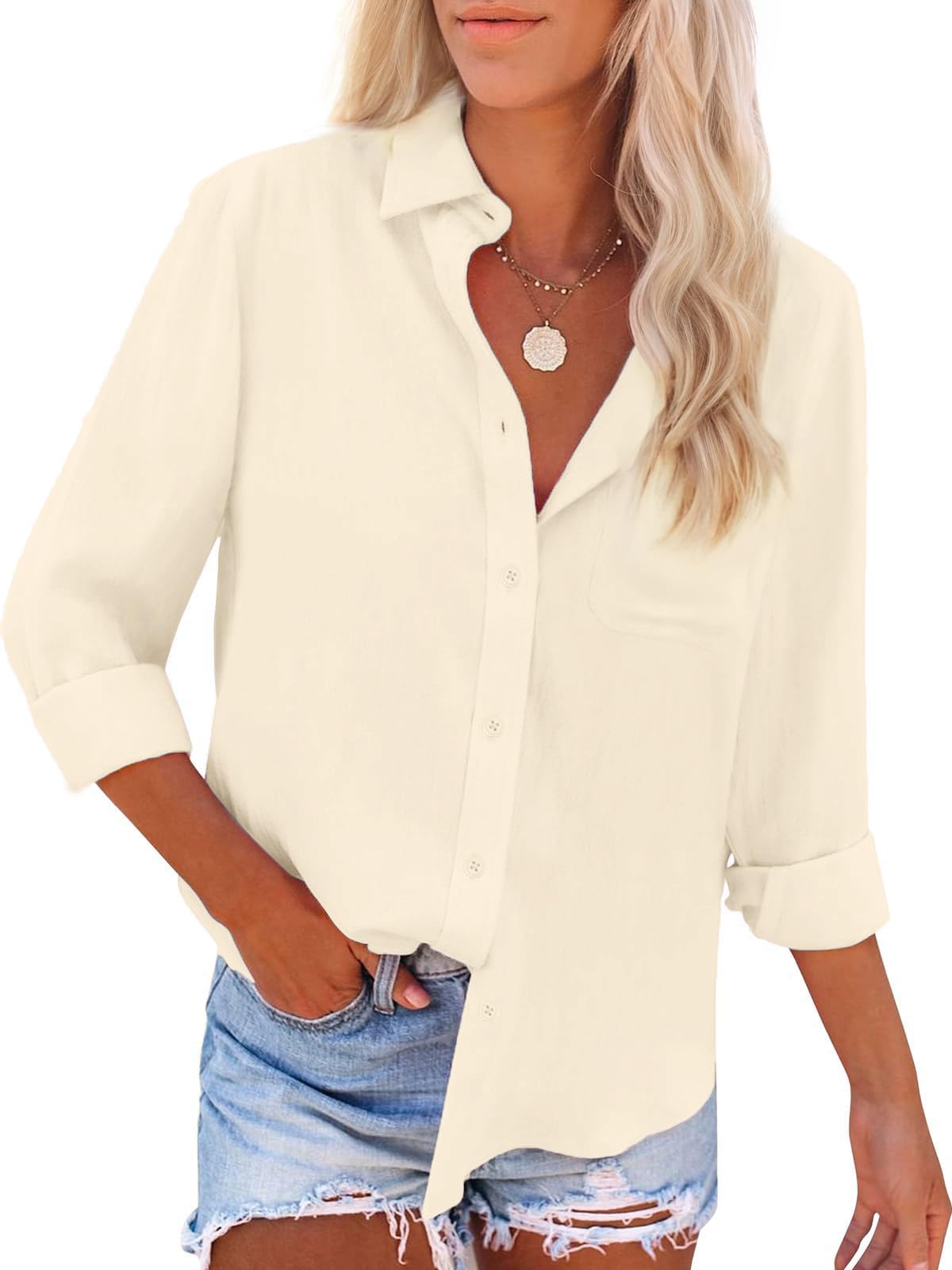 Photo 1 of IPMQ Womens Button Down Shirts Cotton Linen Long Sleeve Dress Shirts Casual Summer Tops Work Blouses with Pockets Beige
