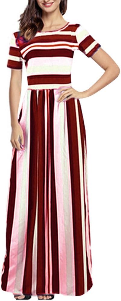 Women's Boho Hippie Shirt Dress Ladies Retro Rainbow Striped Print Loose Midi Dress