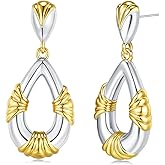 18K Gold Plated Silver Plated Two Toned Floral Dangle Drop Ribbed Pattern Statement Earrings for Women by SNGIA, Chunky Geometric Oval Bold Retro Handmade Mixed Metal Trendy Twisted Flower Bohemian Jewelry Gifts, Modern Unique Baroque Summer Beach Fashion Costume Earrings Accessories, Vintage Elegant Nickle Free Huggies Studs.