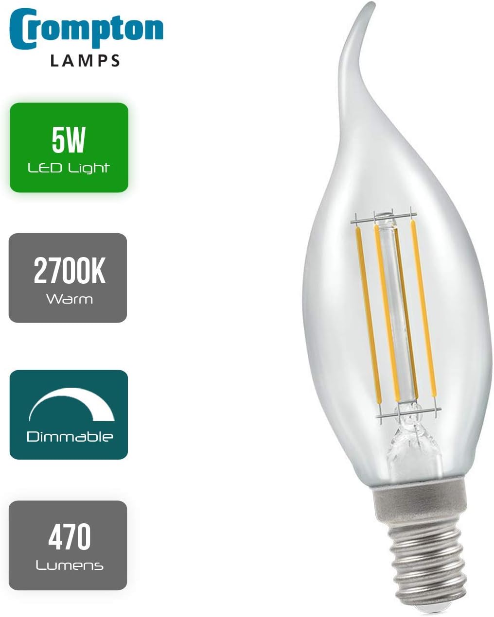 Crompton E14 LED Bent-Tip Filament Candle Bulbs 5 Watts Dimmable 470LM / 40W Incandescent Equivalent C35 Small Edison Screw (SES-E14) Candle Light Bulbs Warm White 2700K - Image 3
