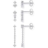 PAVOI 14K Gold Plated 925 Sterling Silver Posts Dainty Stud and Dangle Chain Earring Pack for Women | Set of 3 Cubic Zirconia Earrings