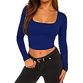 ForeFair Womens Square Neck Long Sleeve Crop Top Basic Going Out Top Tight Shirts Double Lined Tee